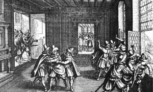 Druga defenestracja praska, 23 maja 1618 r. (grafika autorstwa Matthäusa Meriana starszego, pierwsza połowa XVII wieku)